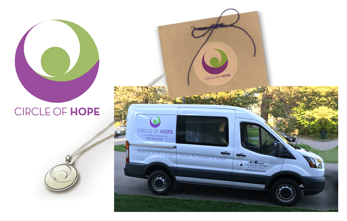 Circle of Hope Logo Design We created a versatile logo for Circle of Hope, designed for use across multiple applications, including packaging, a necklace, and a transport van. The design embodies the organization's mission, ensuring a strong and recognizable visual identity that resonates across different mediums.