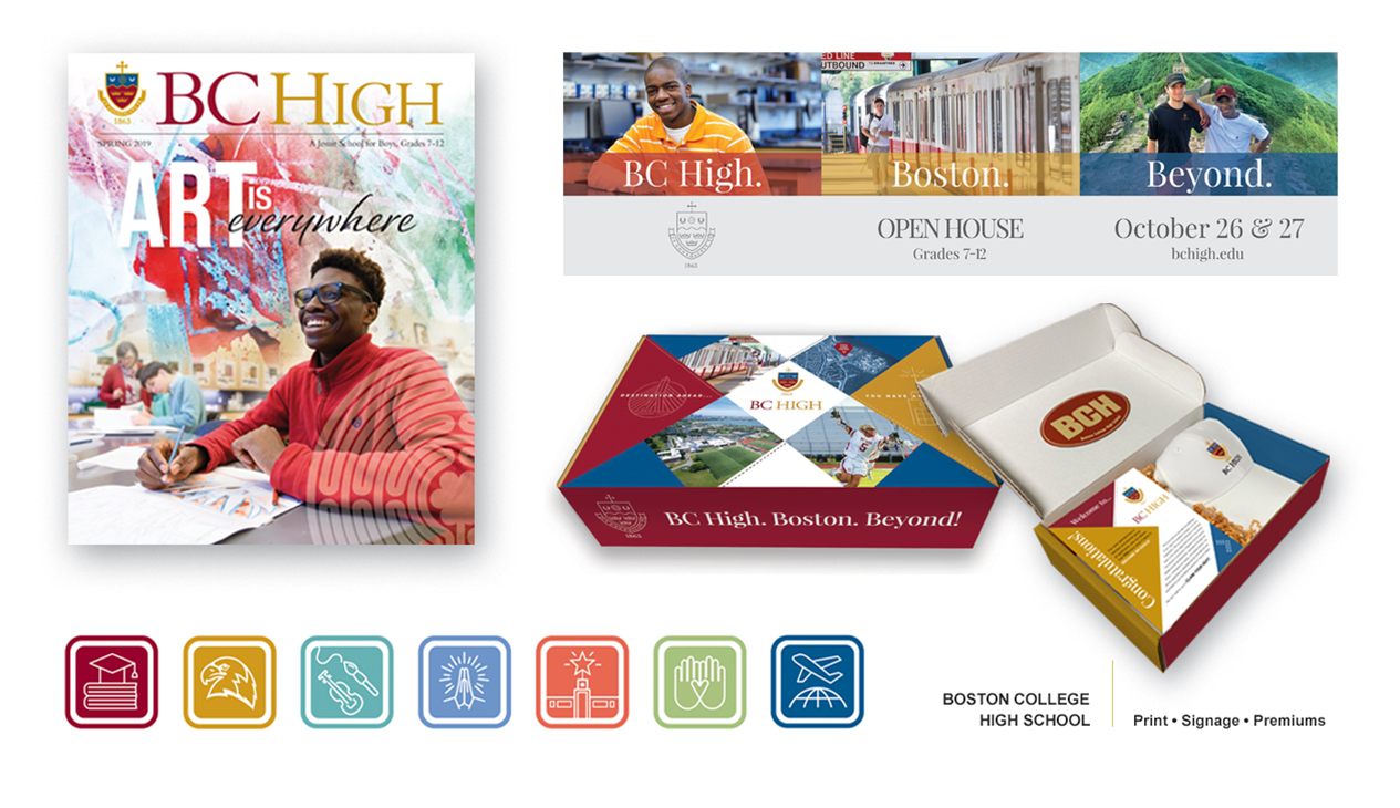 Boston College High School Print Signage & Premiums We designed print signage and premiums for Boston College High School, focusing on creating visually engaging materials that reflect the school’s pride and excellence. The designs were tailored to enhance the school’s branding and support various events and initiatives, delivering a polished and professional image across all printed materials.