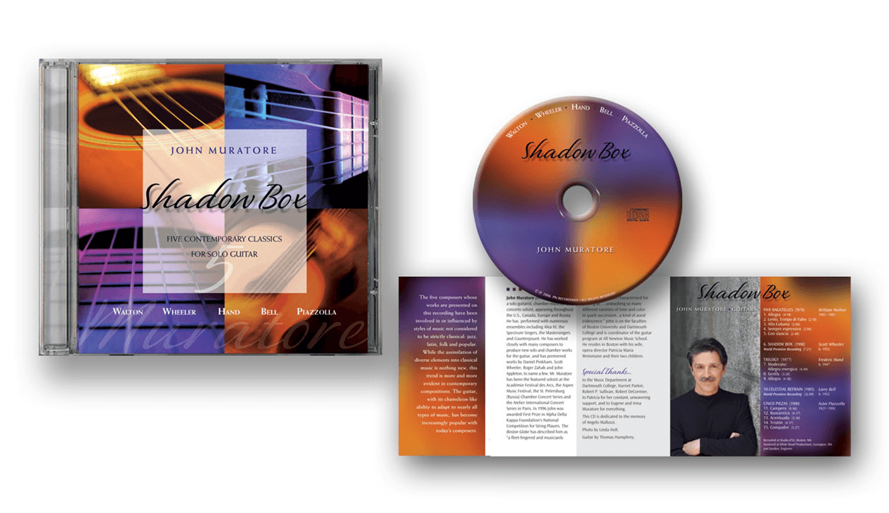 JOHN MURATORE Shadow Ber Five Contemporary Classics for Solo Guitar We designed the CD packaging, including the disc and accompanying paper sleeve, to reflect the elegance and depth of John Muratore’s music. The design complements the contemporary yet timeless nature of these solo guitar pieces, creating a visually cohesive experience that enhances the listening journey.